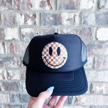 Load image into Gallery viewer, neutral checkered smiley happy face adult foam trucker hat
