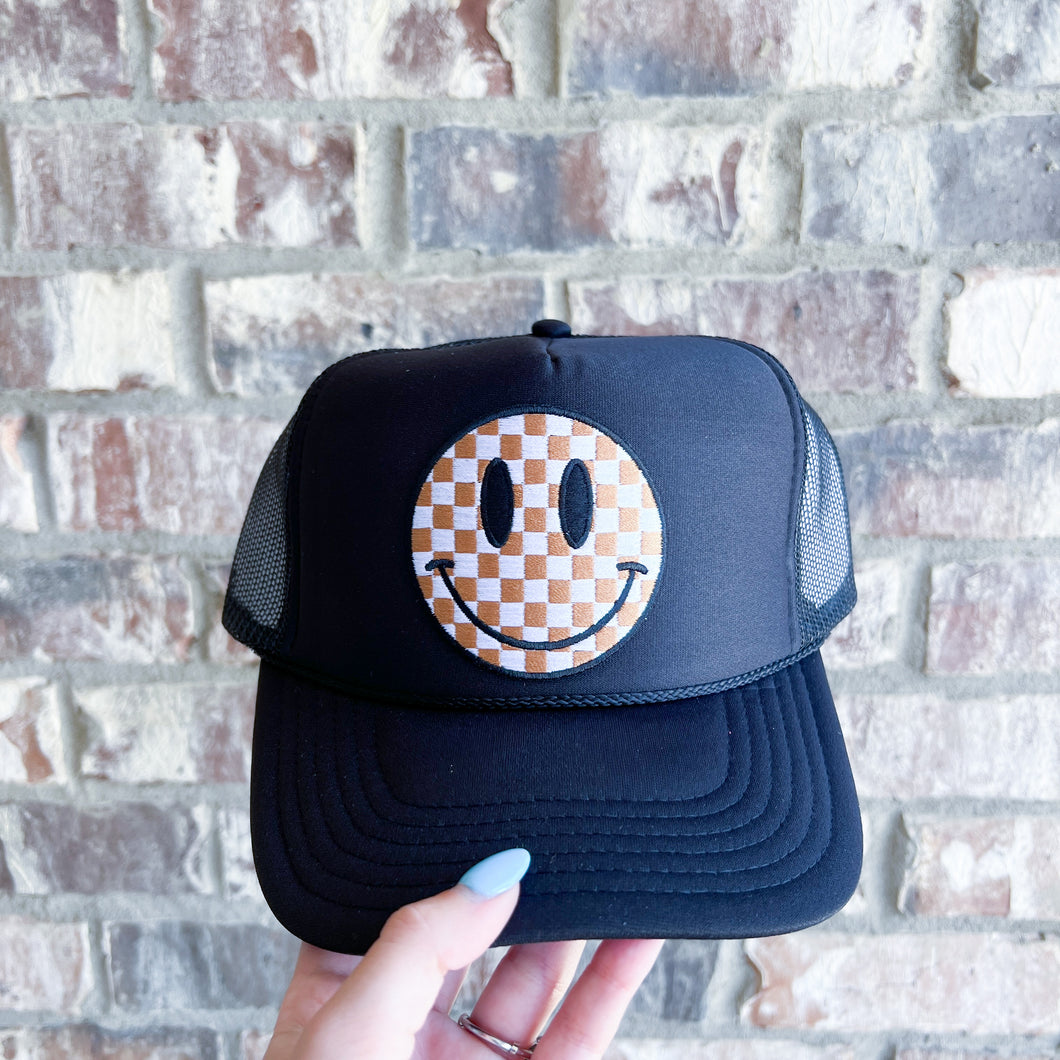 neutral checkered smiley happy face adult foam trucker hat