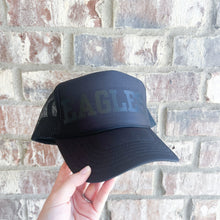 Load image into Gallery viewer, custom team mascot black trucker hat
