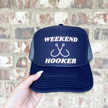 Load image into Gallery viewer, weekend hooker trucker hat | navy + light pink
