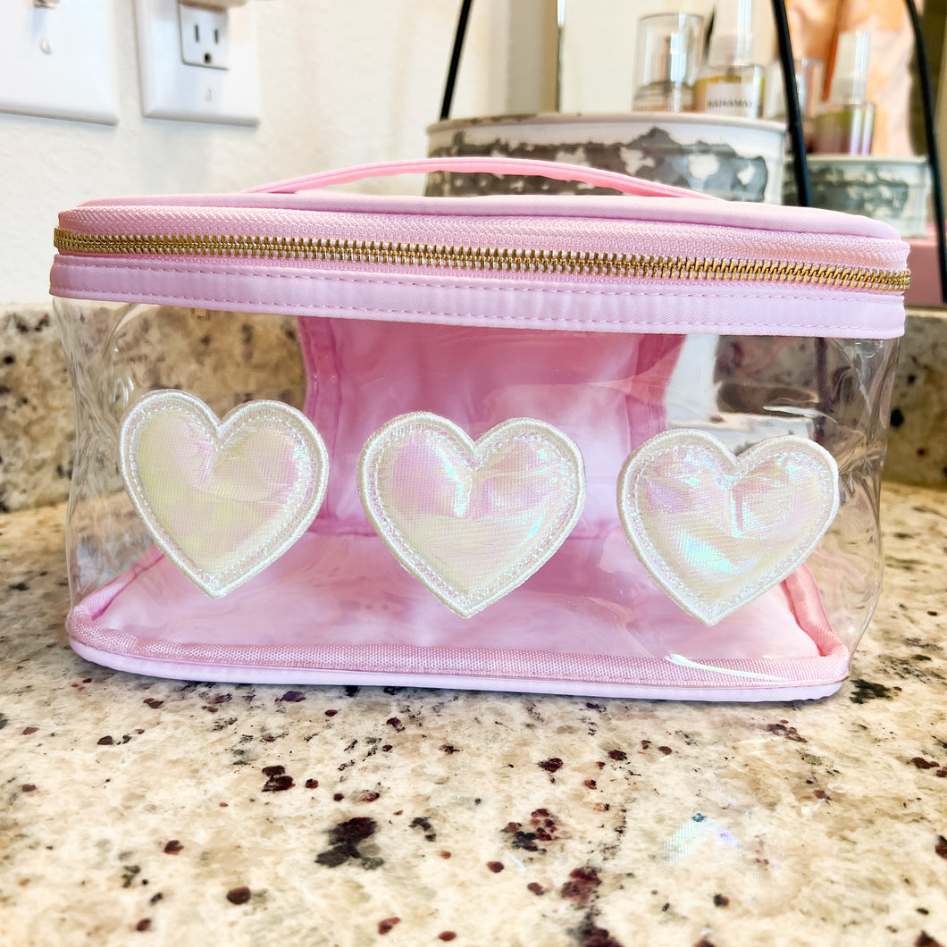 hearts | light pink train travel makeup case