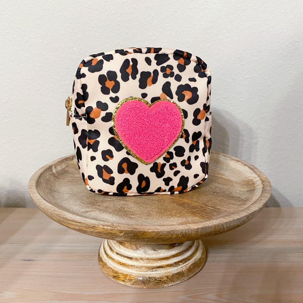 leopard heart mini pouch