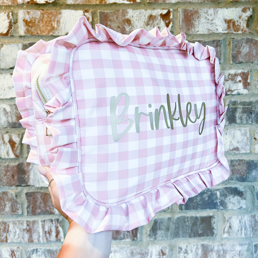 monogrammed ruffle pouches