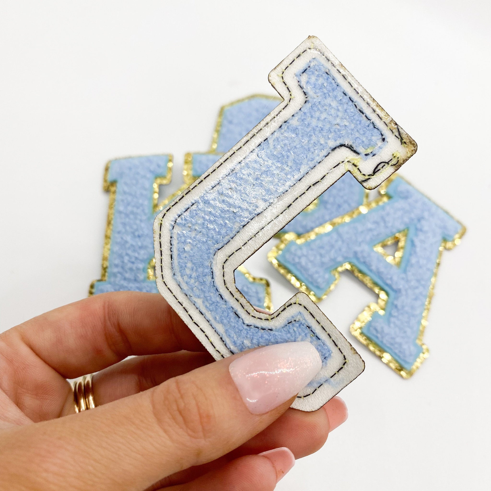 Iron on Letter F Chenille Patches for Backpacks, 2 Pcs Self-Stick Blue Glitter Embroidered Patch for Clothes, 2.2 Sew on Applique Fabric Patch for